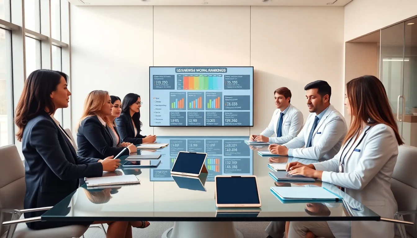 diverse healthcare professionals discussing hospital rankings in a modern conference room.