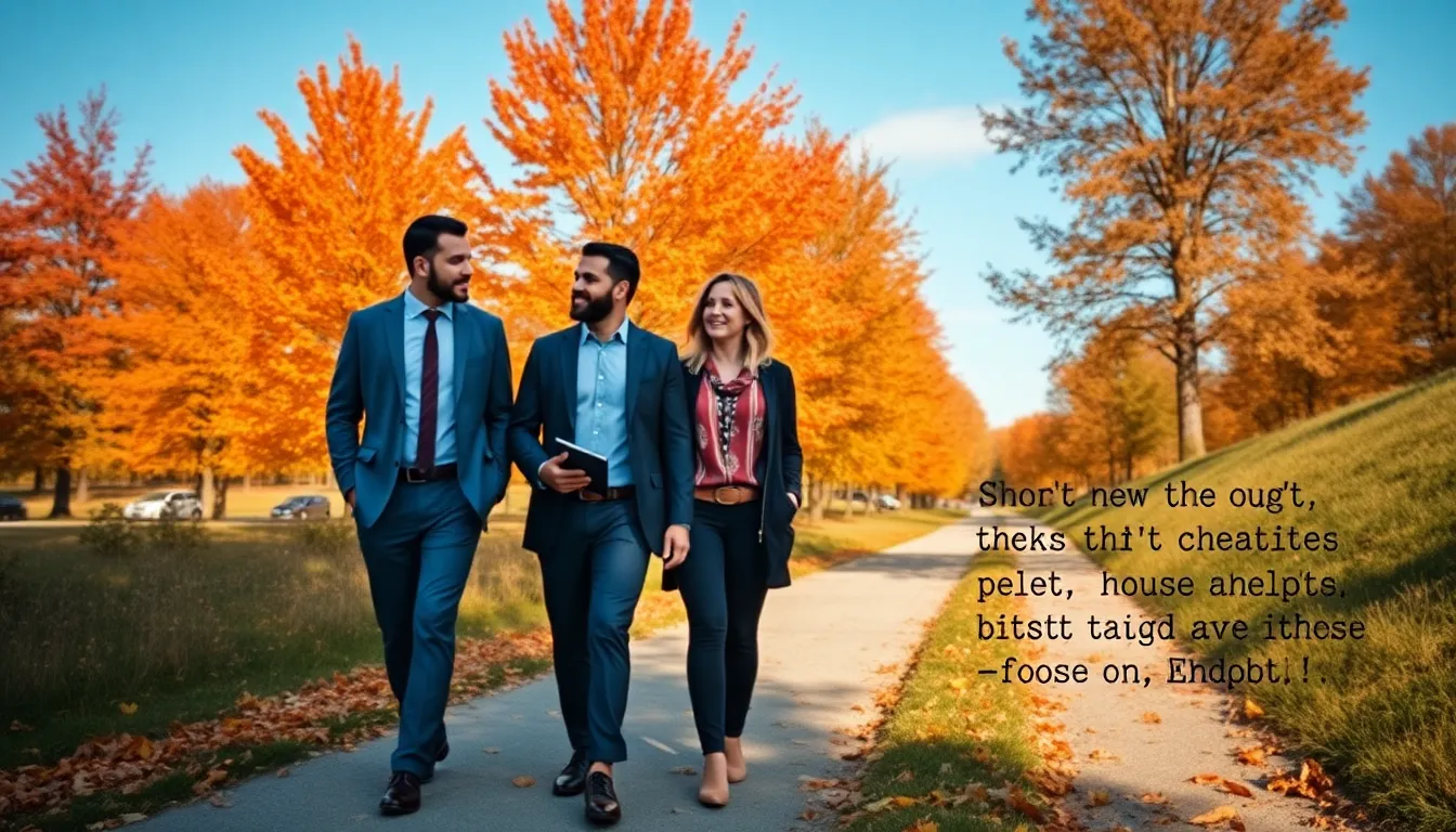 professionals walking on an autumn path discussing inspirational quotes.
