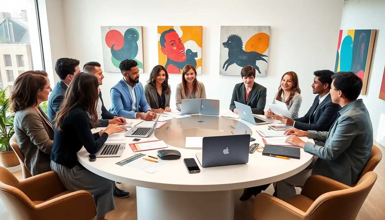 diverse journalists collaborating in a modern newsroom.