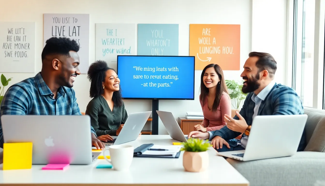 diverse team brainstorming with humor in a bright office.